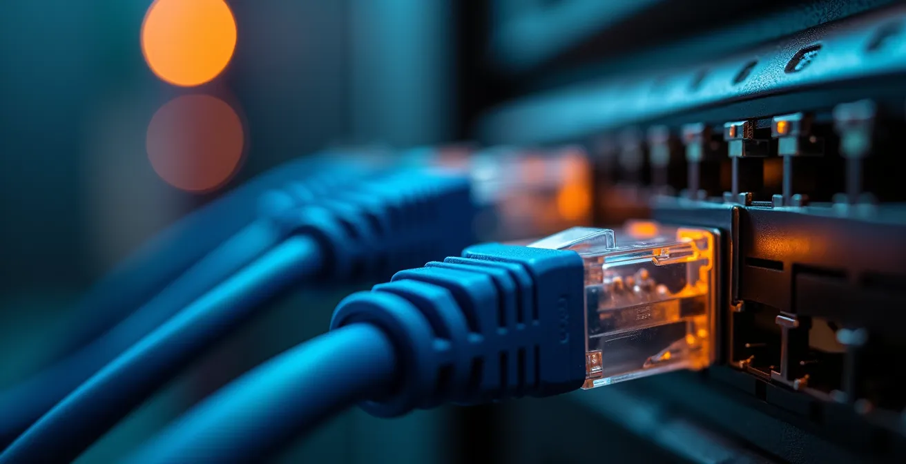 Gros plan sur équipement réseau avec connexions multiples