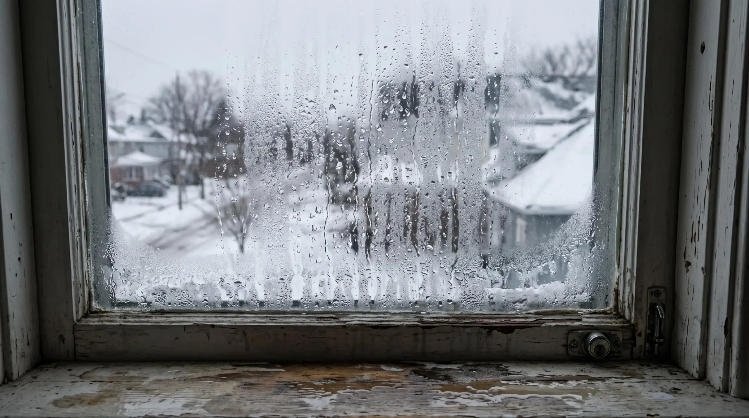 Gros plan d'une fenêtre résidentielle ancienne présentant une importante condensation avec gouttelettes d'eau ruisselant sur la vitre intérieure et accumulation d'humidité lors d'une journée d'hiver