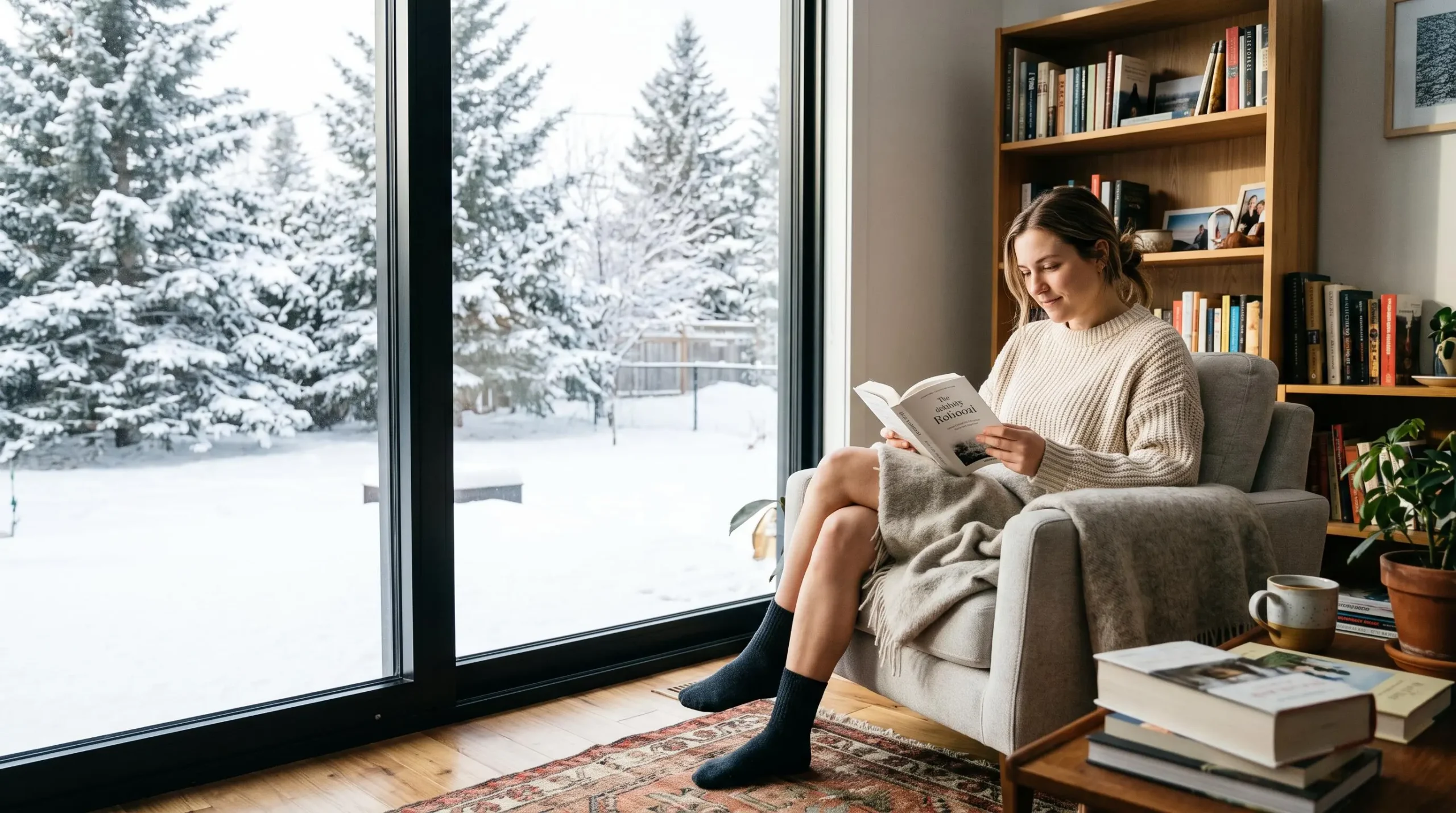 Une personne lit confortablement près d'une grande fenêtre moderne performante sans aucune condensation, lumière naturelle abondante, paysage hivernal enneigé visible à l'extérieur, atmosphère chaleureuse de l'intérieur