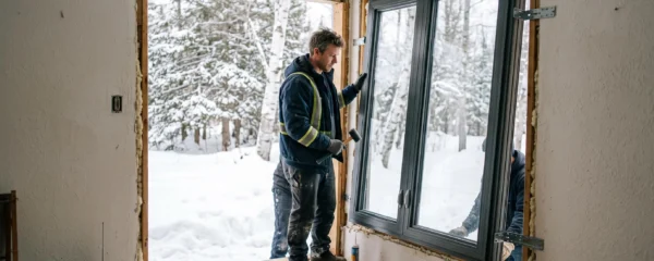 Un installateur professionnel ajuste une fenêtre à triple vitrage haute performance dans une résidence canadienne, outils spécialisés en main, paysage hivernal enneigé visible par l'ouverture