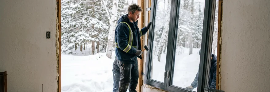 Un installateur professionnel ajuste une fenêtre à triple vitrage haute performance dans une résidence canadienne, outils spécialisés en main, paysage hivernal enneigé visible par l'ouverture