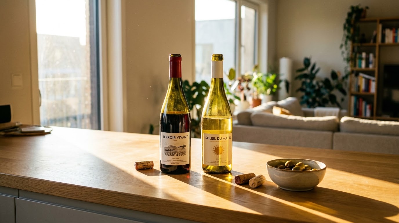 Bouteilles de vin stockées verticalement près d'une fenêtre dans une cuisine moderne, illustrant des erreurs courantes de conservation
