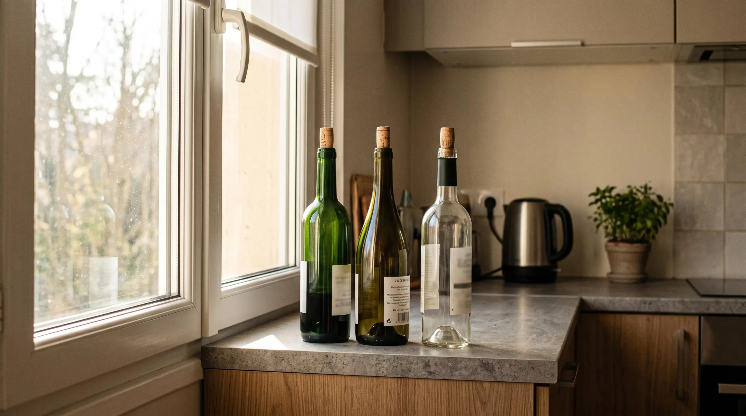 Bouteilles de vin stockées verticalement près d'une fenêtre dans une cuisine moderne, illustrant des erreurs courantes de conservation