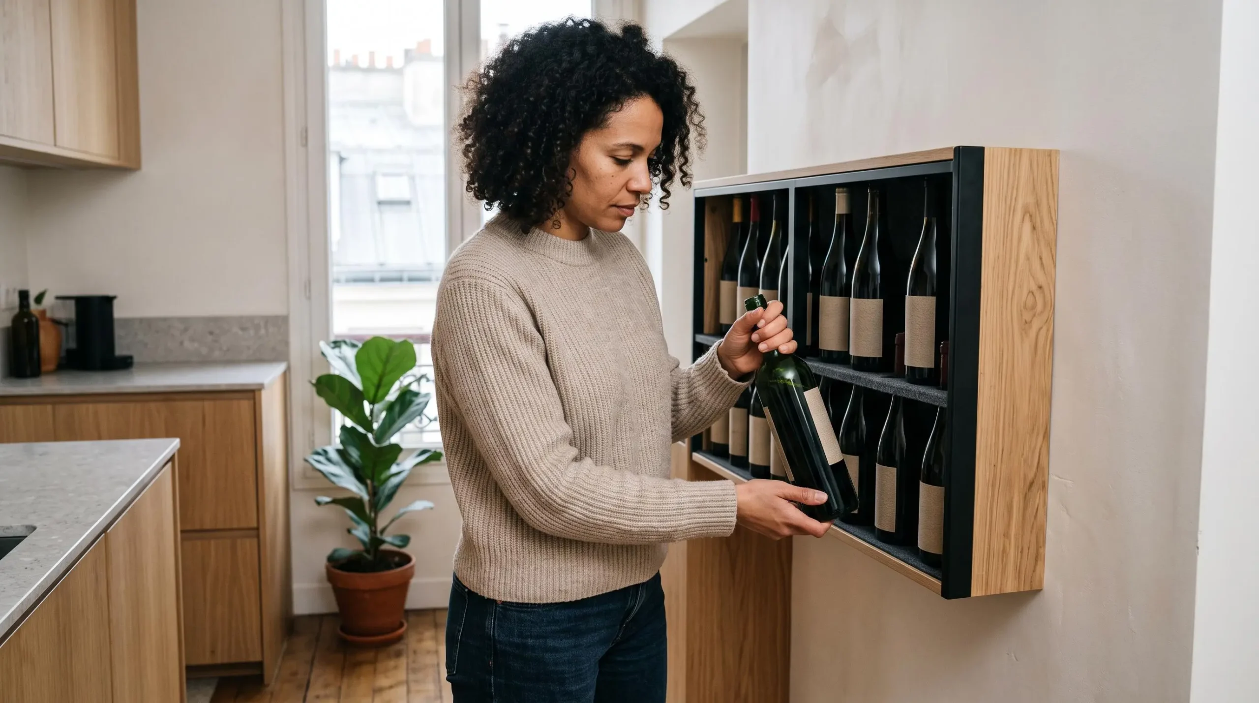 Personne plaçant une bouteille de vin dans une solution de stockage moderne adaptée à un appartement contemporain